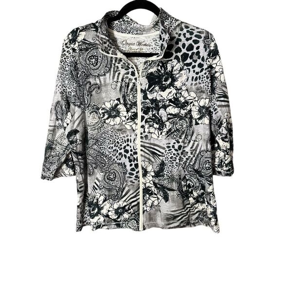 Onque Front Zip Jacket Black and White Floral Paisley Print Sz 1x - Picture 1 of 7